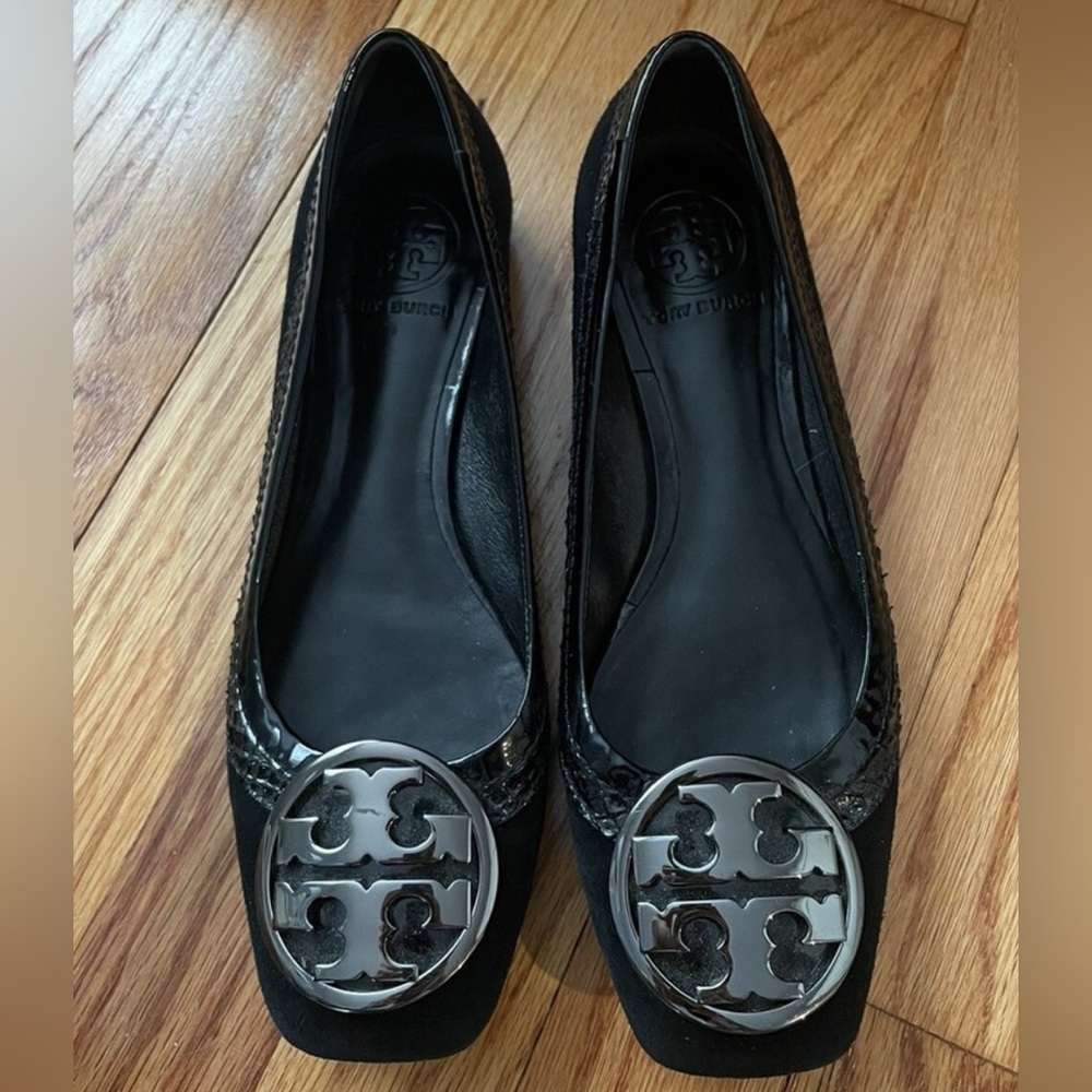 Tory Burch Frannie black suede and patent leather block heel pumps